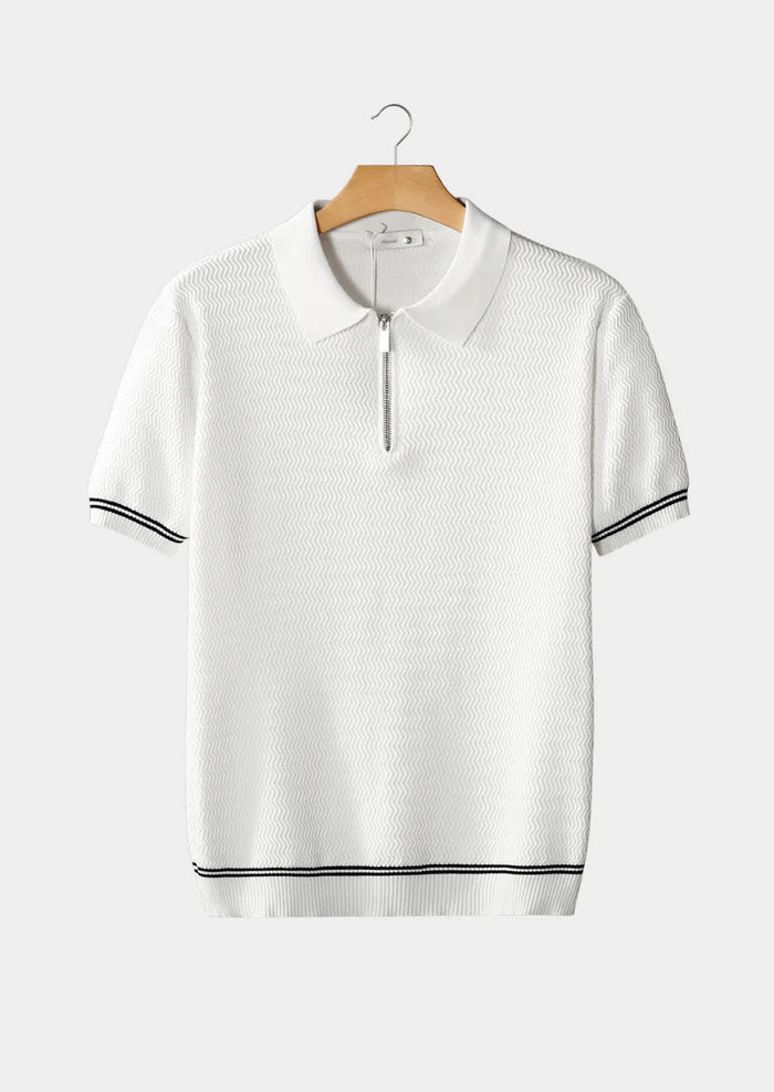 WHITE ZIGZAG TEXTURED ZIPPER POLO